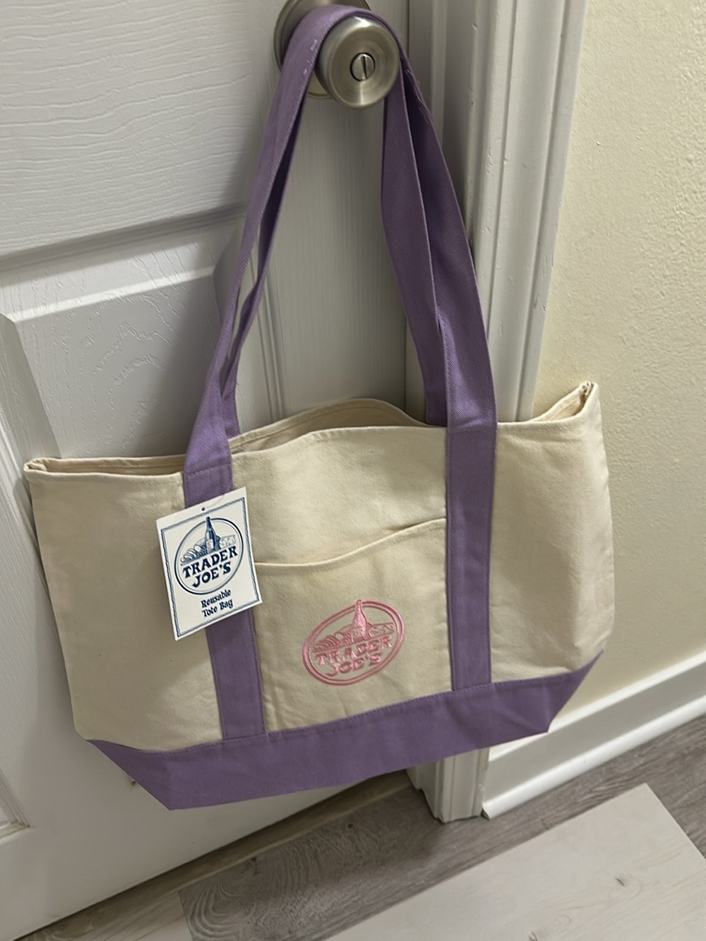 Trader Joe's Cream Canvas Tote with Lavender Accents